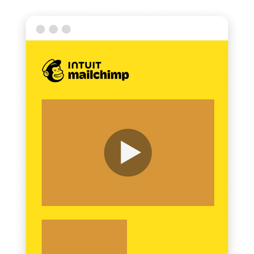 Intuit Mailchimp email template mockup on yellow background, featuring a video player with play button and a call-to-action button below.