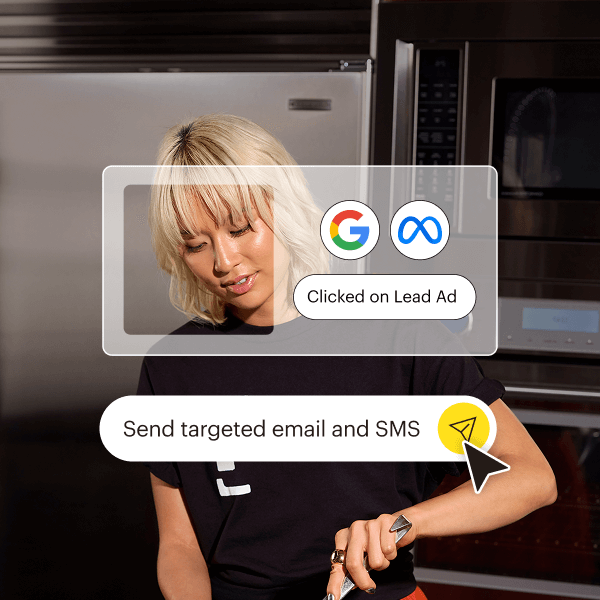 Google and Meta platform logos with a “Clicked on Lead Ad” notification connecting to a “Send targeted email and SMS” action, illustrated with a person mixing ingredients in a commercial kitchen.