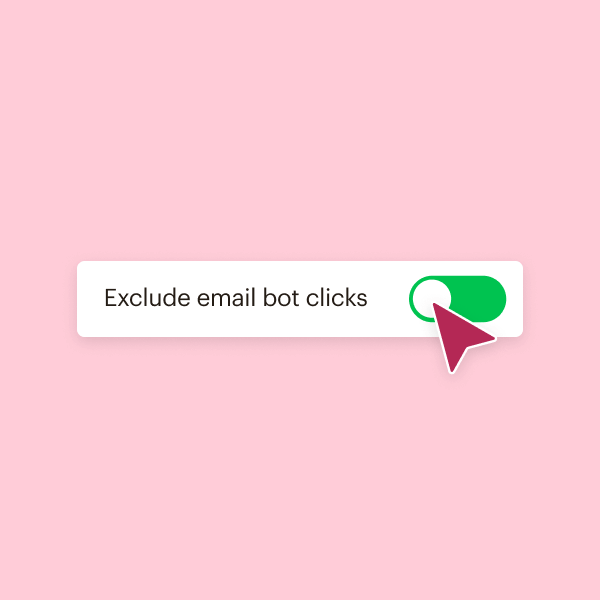 A cursor hovers over a toggle switch after enabling an “Exclude email bot clicks,” filter—helping filter out non-human email engagement.