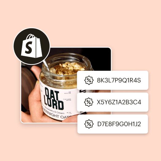 Shopify unique code generation feature displaying three automatically generated alphanumeric discount codes alongside a product image of overnight oats.