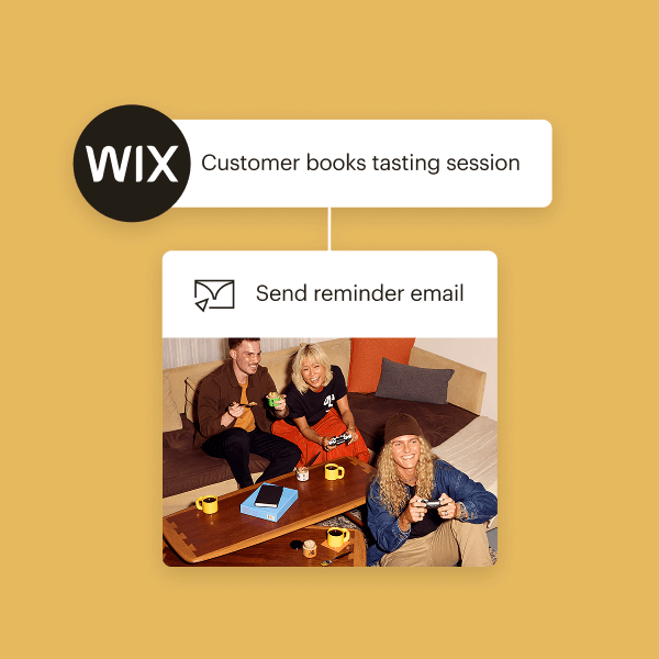 Wix logo with automation workflow showing “Customer books tasting session” triggering “Send reminder email,” accompanied by a photo of people gathered around a table with coffee and overnight oats.